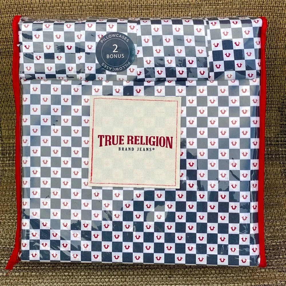 True Religion Blue Red White Plaid Polyester QUEEN Sheet Set 6pc